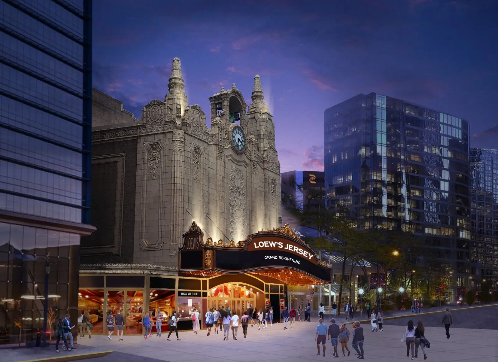 Architectural rendering of the main entrance of Loew’s Jersey Theatre in Jersey City